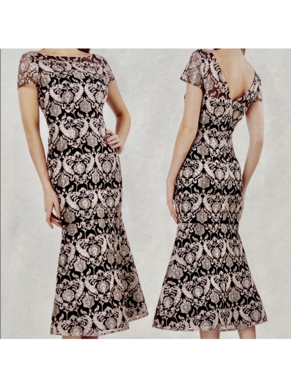 JS Collections NWT Black Cream Embroidered Midi Dress Size 8 Lace Overlay Formal